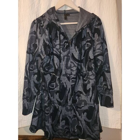 H18  Ethyl blue camo long flared hooded jacket. So cute! - Picture 1 of 10